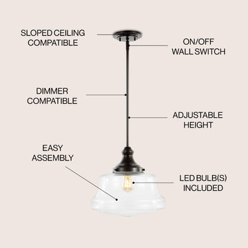 Schoolhouse 14" Bohemian Farmhouse Iron/Glass LED Pendant - JONATHAN Y